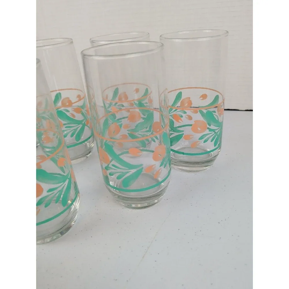 Libbey 17 Ounce  Ice Tea Glasses Clear with Teal And Peach Design MCM Set of 7